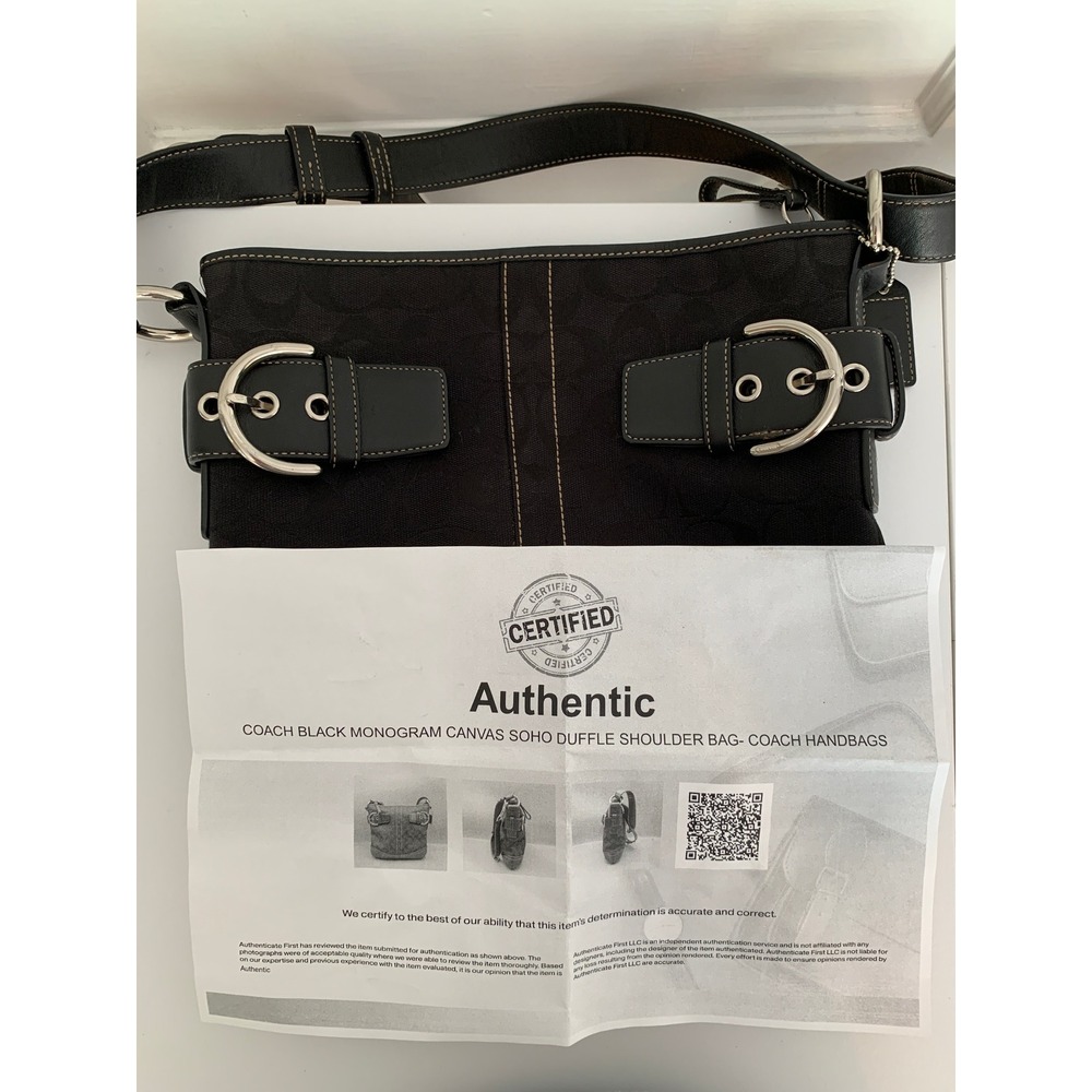 Vintage Coach Black Monogram Canvas Soho Duffle Shoulder Bag Silver Buckles - Picture 8 of 16